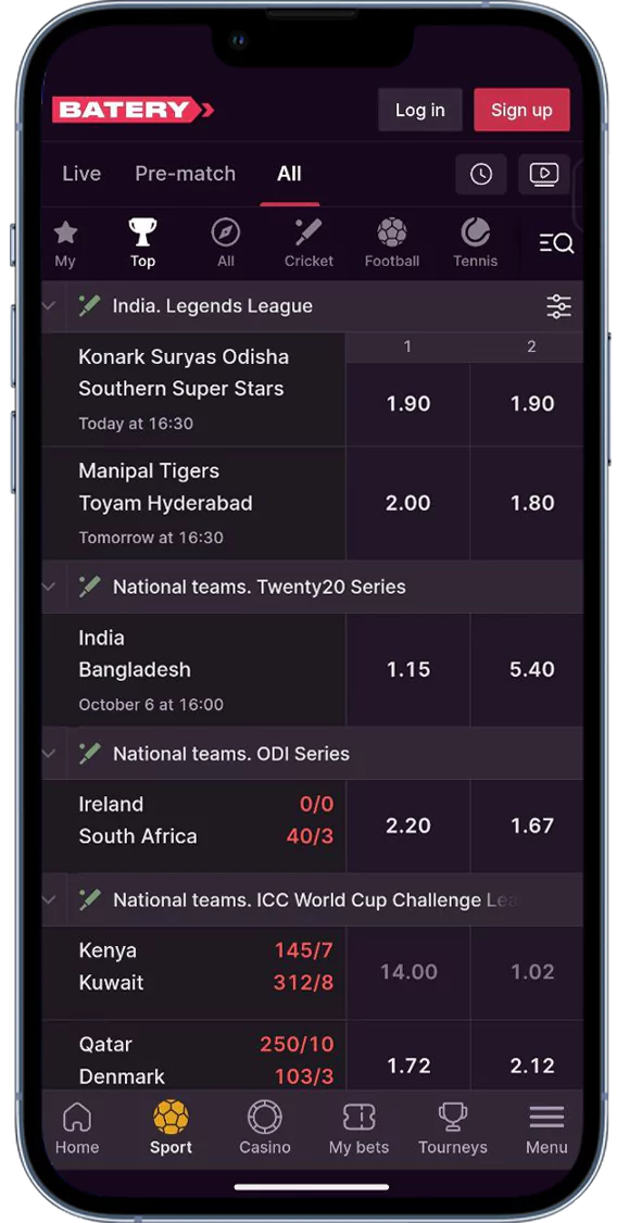 Screenshot of the Batery application betting page