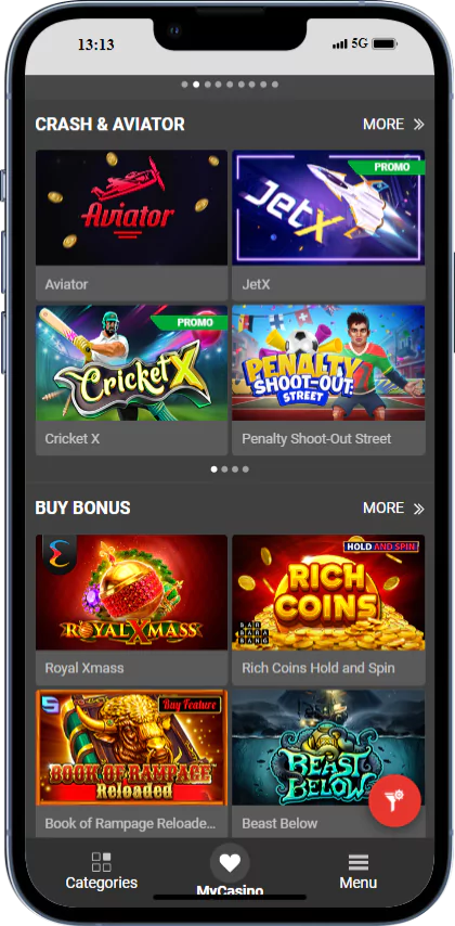 A screenshot of the casino page of the Megapari application