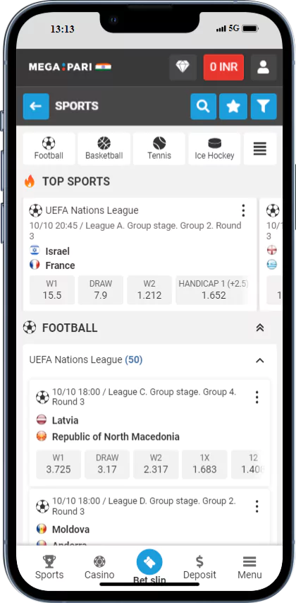 A screenshot of the sports page of the Megapari application